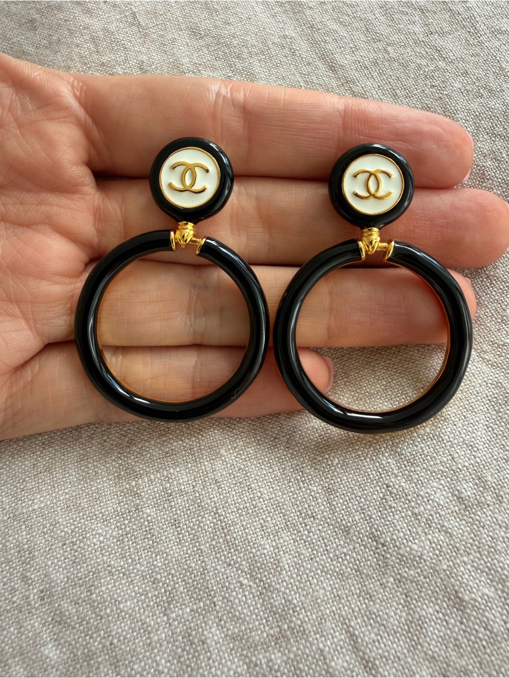 Chanel Black and White CC Hoop Earrings & White CC Hoop Earrings